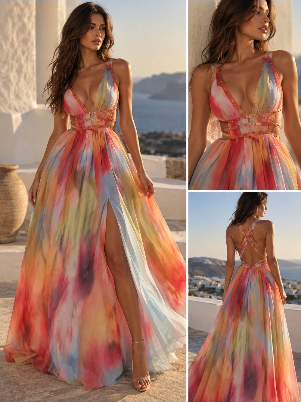 Pastel Watercolor Maxi Dress with Deep V and Side Slit
